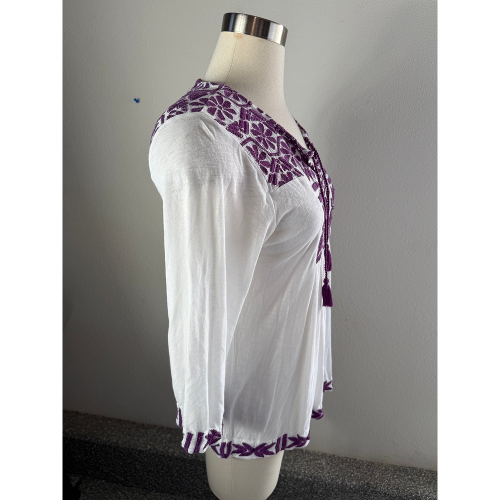 Lucky Brand Womens Small White Purple Embroidered Peasant Top Tassel Boho Blouse - Picture 6 of 8